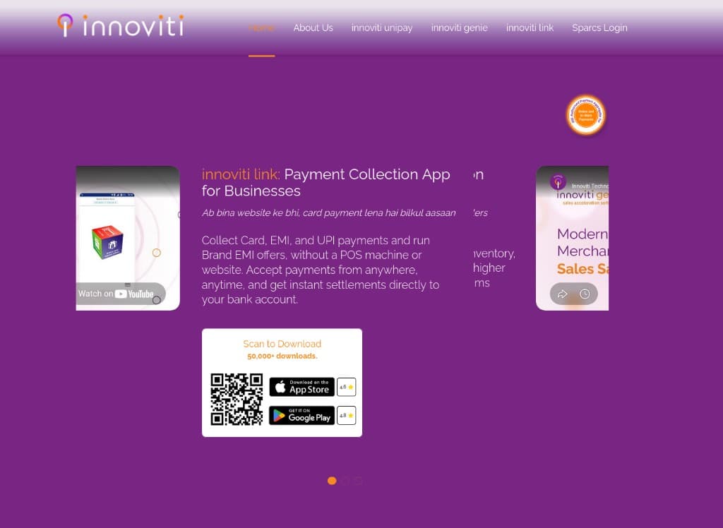 Innoviti corporate website homepage — payment solutions for businesses