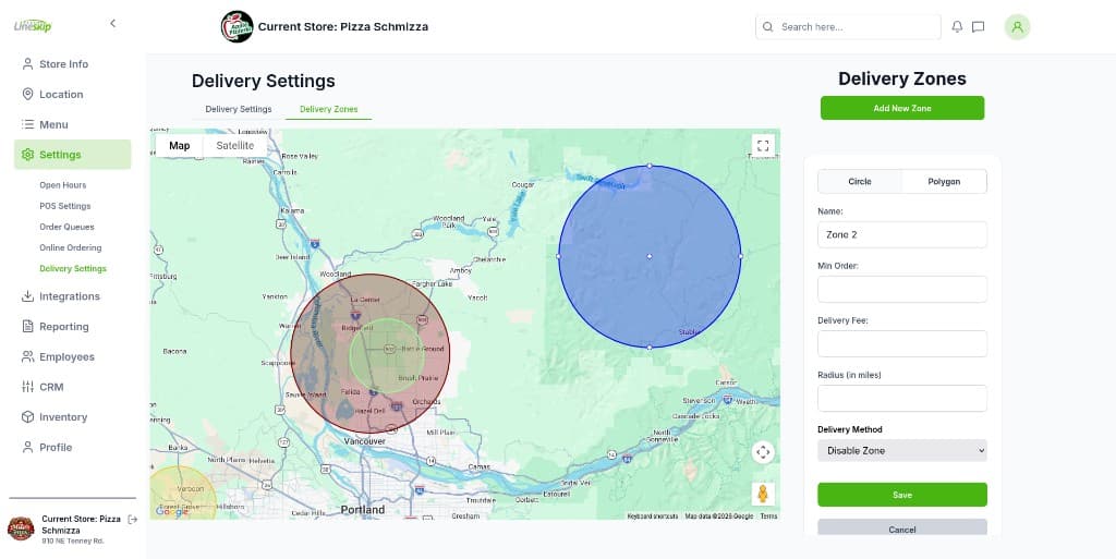 Line Skip operations portal — delivery settings with zone map