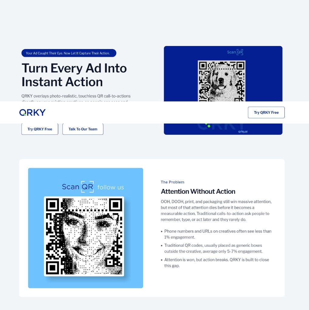 QRKY landing page — interactive QR code generator for ads and creatives