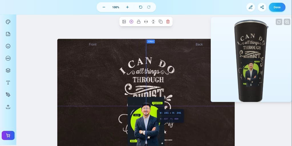 StacheCups 3D product customizer with cup preview and pattern picker